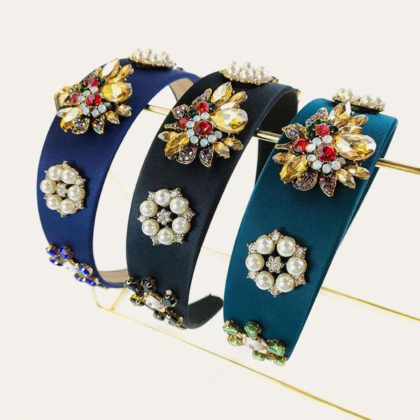 

hair clips & barrettes 2021 trendy european retro colored water drill hoop pearl temperament alloy card fashion metal headband woman, Golden;silver