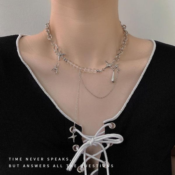 

pendant necklaces exquisite elegant star chain tassel gothic vintage water drop chokers for women korean fashion female jewelry, Silver