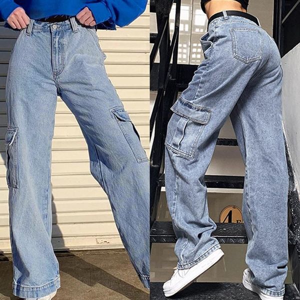 

women's pockets patchwork high waist jeans women streetwear straight jean cargo pants, Blue