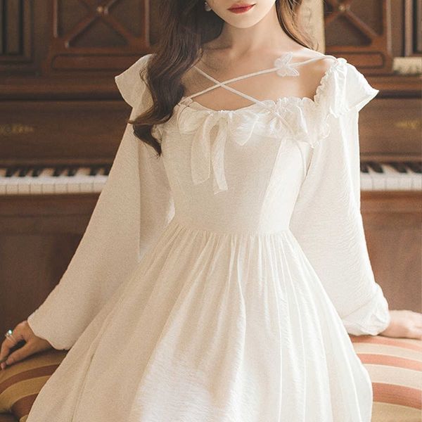 

elegant long fairy dress french sleeve women square collar white sweet vintage ruffles fall clothing 210604, Black;gray