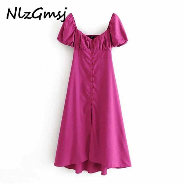 

dres solid color breasted square neck midi dress puff sleeve elegant temperament long dresses 03 210628, Black;gray