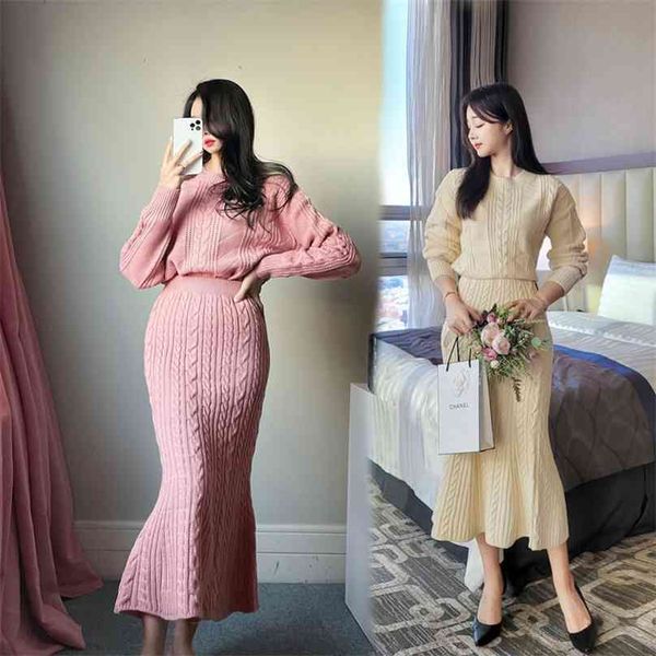 Pullover stricken 2 Stück koreanische Damen Set Winter Langarm rosa Harajuku Party Anzug für Frauen China Kleidung 210602