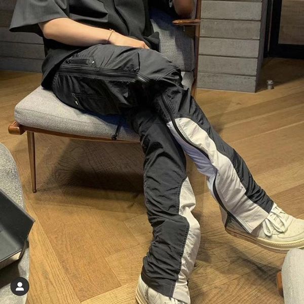 

men's jeans 2021 korean color block side zipper cargo pants mens drawstring straight loose casual track hip hop baggy trousers, Blue