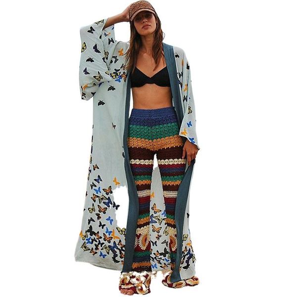 

women's bikini cover up cotton butterfly print stitching cardigan summer beach sunscreen elegant swimsuit dress robe swimwear, White;black