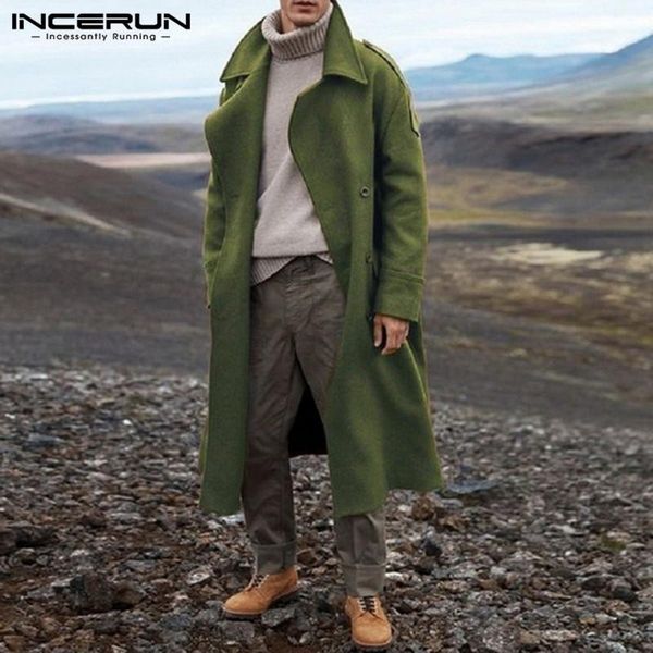

man vintage double breasted faux fleece blends incerun mens coats long sleeve lapel trench winter solid color overcoats s-5xl 7 men's w, Black
