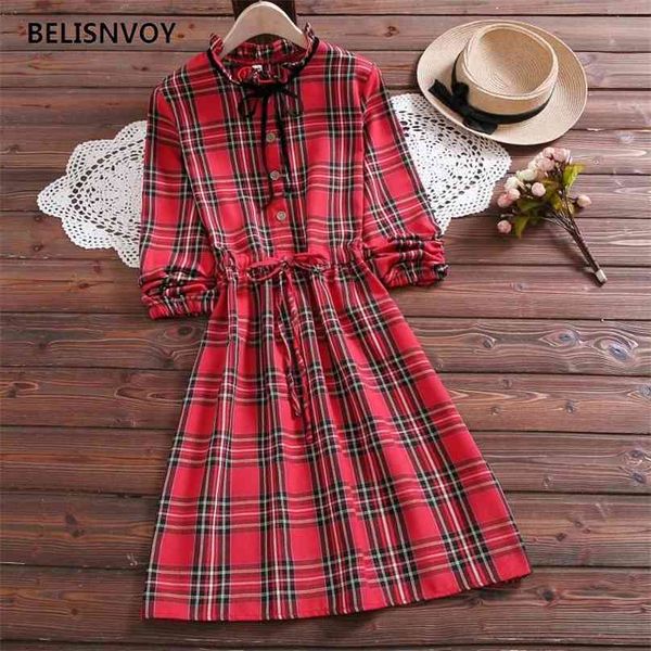 Mori mädchen frühling herbst hemd dress rot plaid baumwolle preppy stil elegante vintage kräuselte bogen süße nette frauen es 210520