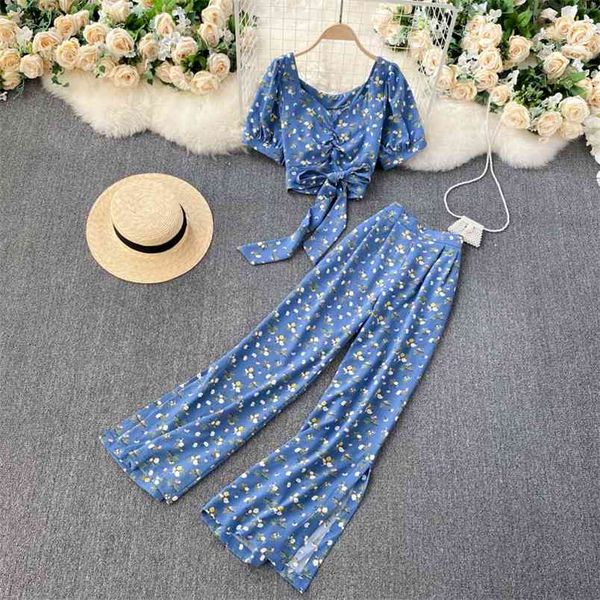 

temperament fashion bohemian spring floral sets two-piece bow tie short women high-waist wide-leg pants c279 210506, White