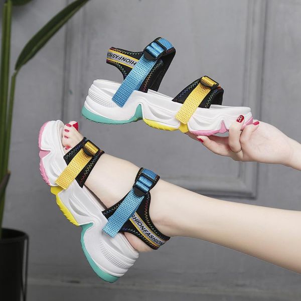 

sandals 2021 fashion color matching large base platform female leisure summer rainbow bottom torre shoes, Black