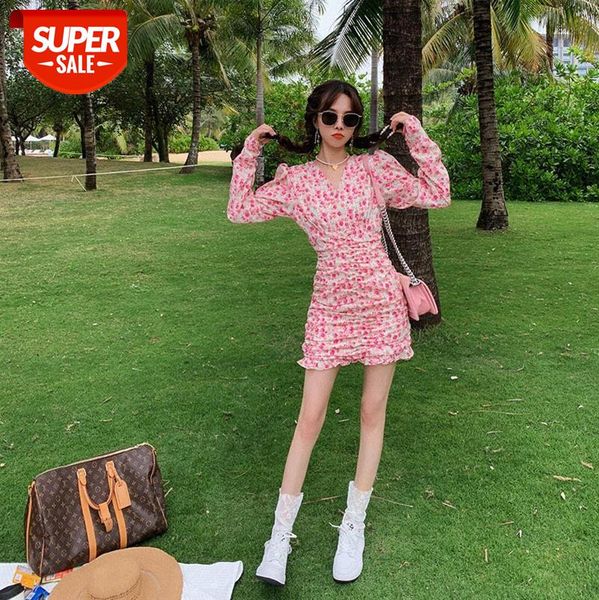 

[wild rose] this rose pink small floral flower puff sleeve pleated print skirt is beautifully arranged #bv4s, White;black