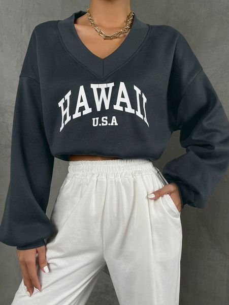 

drop shoulder letter pattern crop pullover y1iu#, White;black