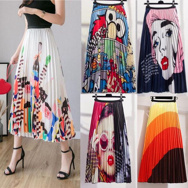 

skirts pleated skirt women's summer 2021 cartoon character print long, Black