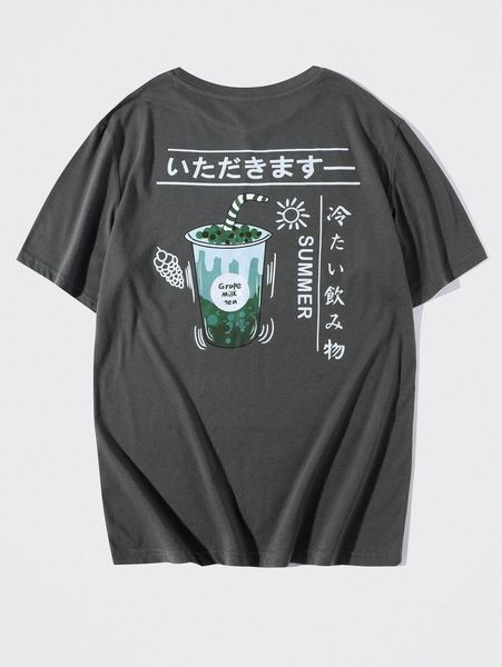 

men japanese letter and grapes print tee f9bd#, White;black