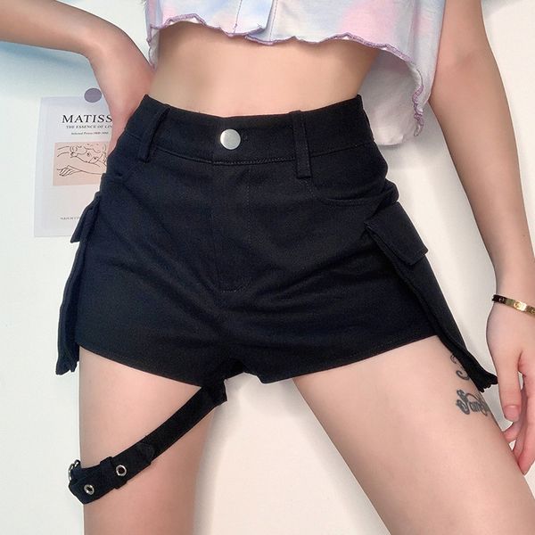 

women's summer dark female punk style leg loop pocket shorts casual, Black