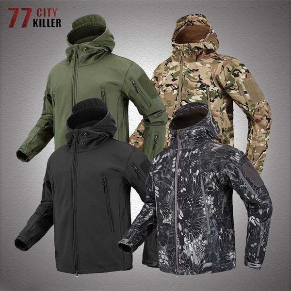 Shark Soft Shell Giacca tattica militare da uomo Camouflage impermeabile caldo Giacca a vento Cappotti US Army Combat Hooded Bomber Giacche 210927