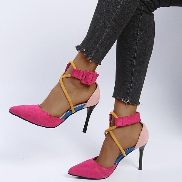 

sandals high heel sandal for women velvet shoes large size high-heeled suede stiletto big buckle strap slides rubber pu flock thin, Black