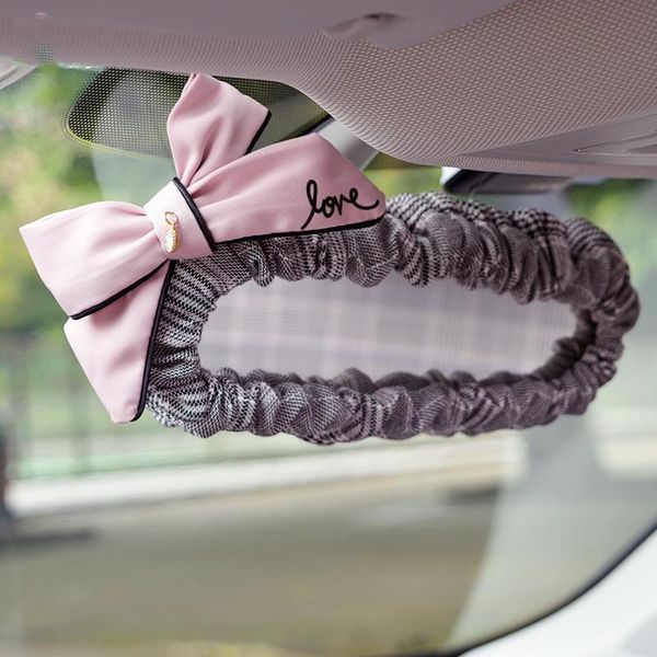 

interior decorations diamond bowknot car rear view mirror cover classic plaid fabrics auto rearview decoration accessories for girls