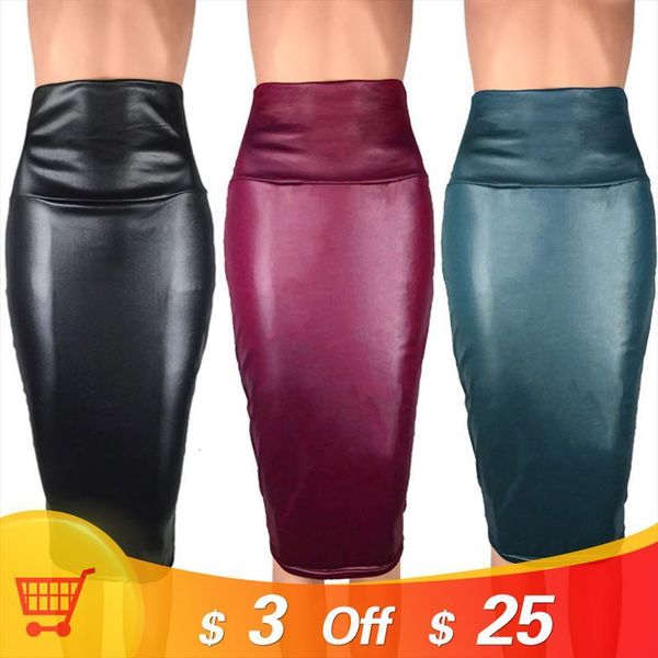 

pencil elegant office split sheath womens skirts wrap high waist solid plus size pu midi autumn spring sk, Black