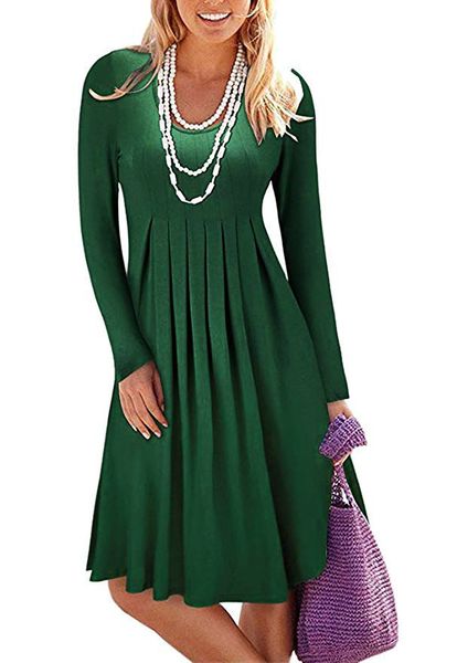 

boutique dress 2021 large pleated round neck long sleeve, Black;gray