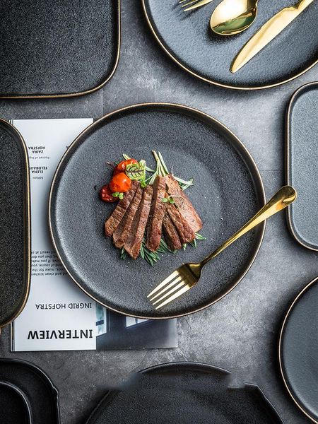

dishes & plates black frosted ceramic plate knife fork set western steak restaurant decoration pasta salad dessert ornaments