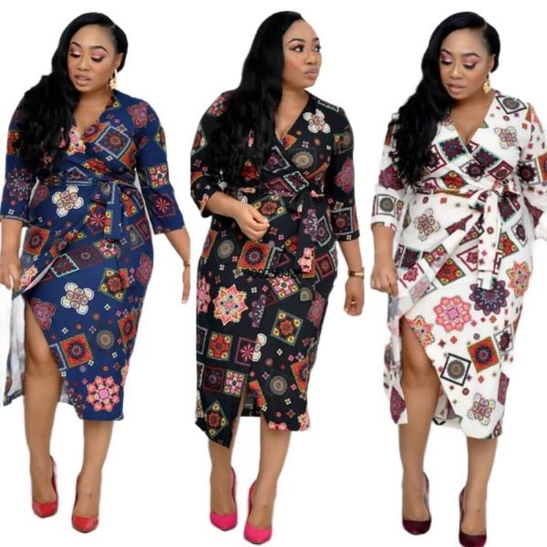 

casual dresses 2021 autumn plus-size women v-neck three quarter print slim slit mid-calf dress office lady d041, Black;gray