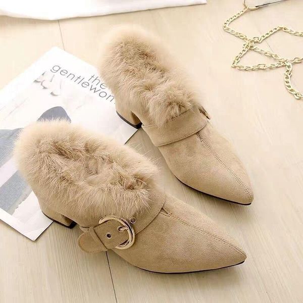 

boots pointed toe shoes for women winter ankle belt buckle 2021 furry warm female slip on snow thick1, Black