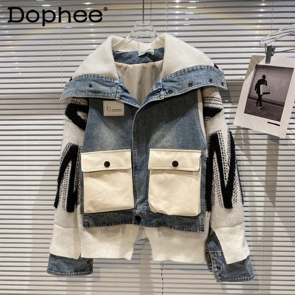 

women's jackets navy shawl collar patchwork knitting wool long-sleeved jean jacket women denim tide 2021 autumn and winter clothes, Black;brown