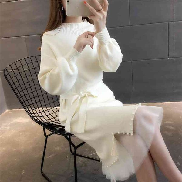 

spring and autumn beaded belt high collar solid color temperament loose midfield section was thin bottoming shirt dress 210427, White;black