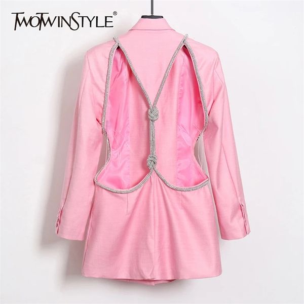 

twotyle backless diamond blazer female lapel collar long sleeve slim hollow out women's coat fashion 211006, White;black