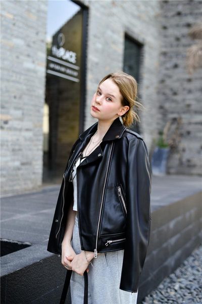 

women's leather & faux 2021 spring autumn black soft pu short jacket women lapel coat zipper motorcycle outwwear