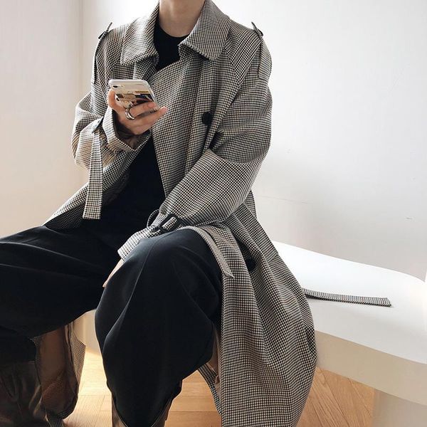 

women's wool & blends spring casual plaid double-breasted belt decoration long windbreaker coat, Black