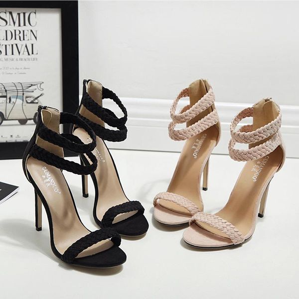 

women sandals summer shoes size 35 - 40 fashion korean high heels .5cm classic woven ankle straps zip, Black