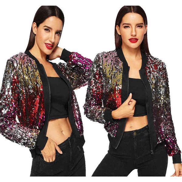 

outwear fashion jackets lady mixed color women female casual streetwear bomber colorful sequin zipper jacket coat 2338, Black