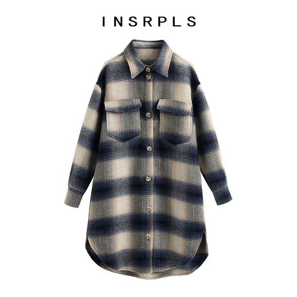

women's wool & blends insrpls women fashion with pockets oversized plaid jacket coat vintage long sleeve side vents female outerwear ch, Black