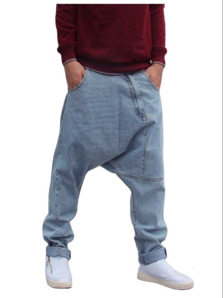 

men's jeans fashion loose baggy harem men casual denim pants streetwear hip hop drop crotch blue trousers man clothing 6ljb