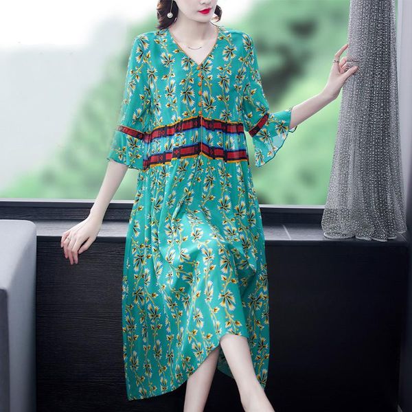 

casual dresses 2021 boho floral mulberry silk loose midi summer print 4xl plus size beach sundress women elegant party vestidos, Black;gray