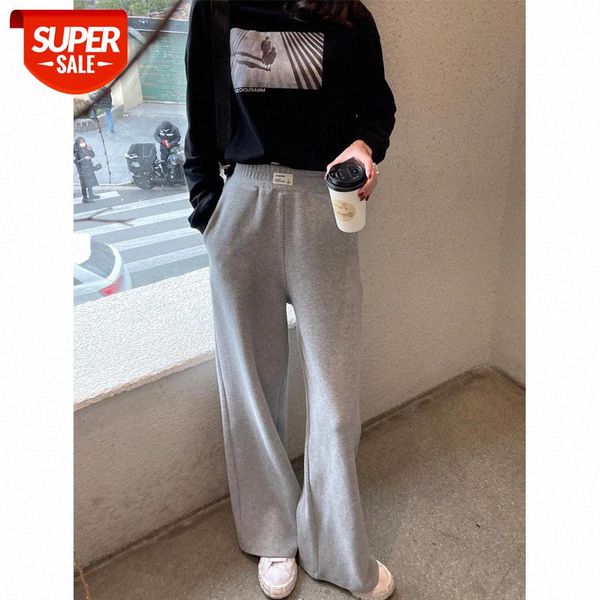 

[labeled sports pants] gray casual pants women loose guard waist straight mopping long #wk8m, Black;white