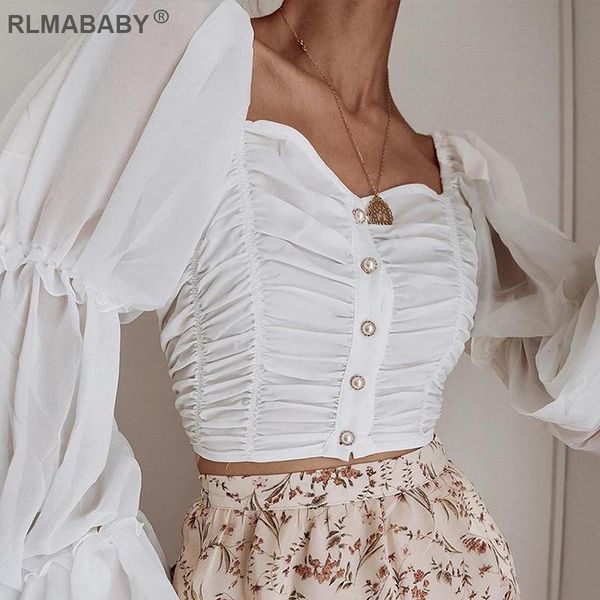 

women's blouses & shirts rlmababy women white chiffon blouse shirt off shoulder flare sleeve ruched button summer ladies casual fem