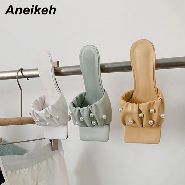 

summer pu women shoes concise peep toe spike heels string bead fashion pleated slip on slides ladies dress party 210507, Black