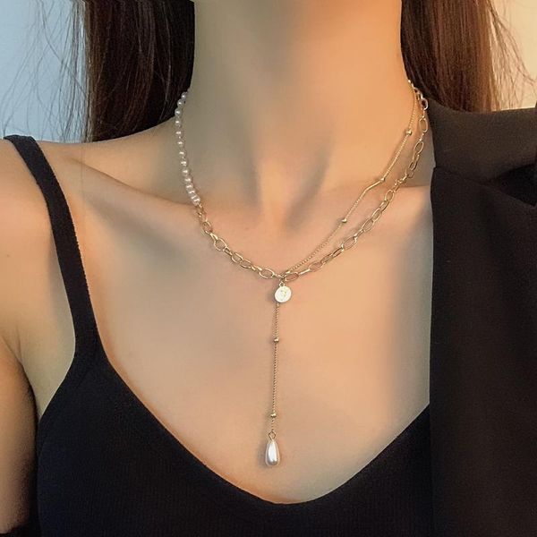 

pendant necklaces korean sweet statement asymmetric metal long tassel pearl necklace double layer clavicle chain choker for women, Silver