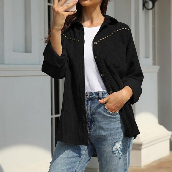 

women's jackets and coats 2021 autumn long-sleeved turn-down collar shirt female rivet decoration casual fashion outerwear, Black;brown