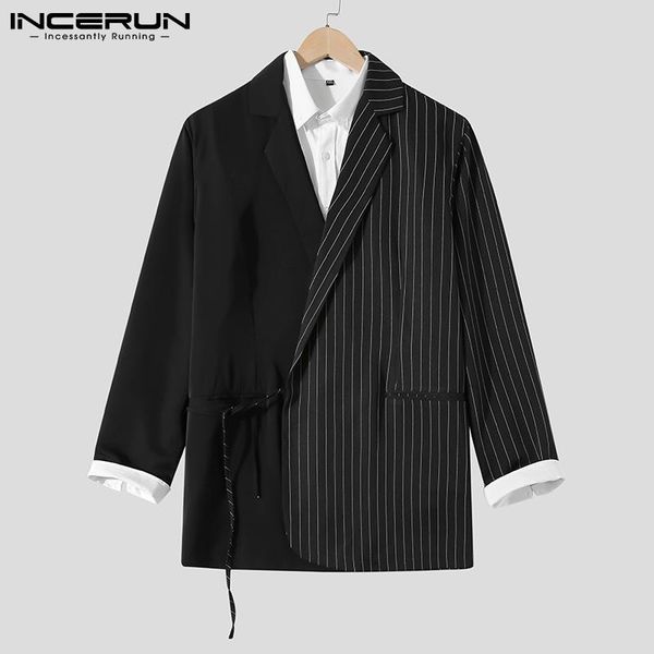 

men's suits & blazers incerun fashion men blazer striped patchwork lapel lace up long sleeve casual streetwear pockets 2021 leisure coa, White;black