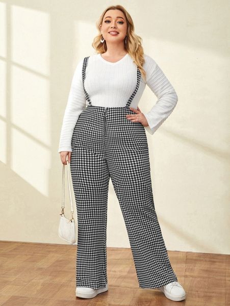 

plus houndstooth print suspender jumpsuit without s9ed#, Black