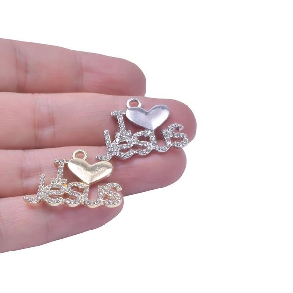 

charms 10pcs/lot crystal i love jesus pendant for jewelry making supplies heart rhinestone handmade accessories vintage, Bronze;silver