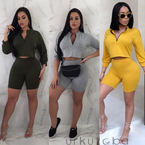 

summer casual women sports outfit set long sleeve crop zipper hoodie high waist short slim leggings fitness sport wear women's two piec, White
