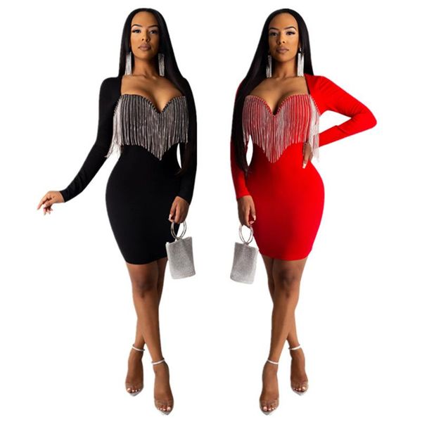 

casual dresses women's rhinestone fringe midi dress, Black;gray