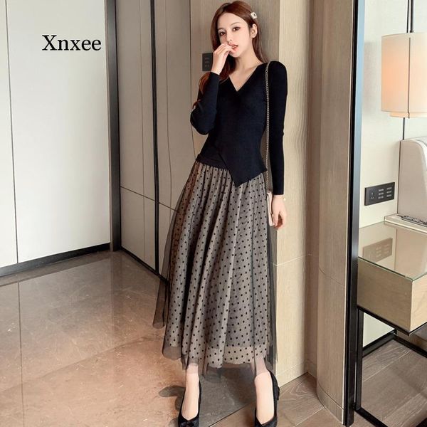 

casual dresses vintage elegant maxi knitted dress women v-neck slim long sleeve knitting patchwork mesh vestido de mujer femme robe, Black;gray