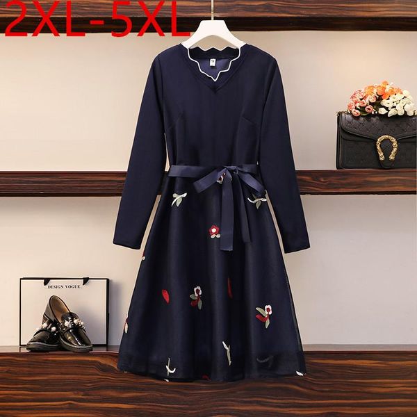 

plus size dresses 2xl-5xl fashion 2021 autumn dress for women v-neck long sleeve mesh patchwork floral embroidery lace up blue, Black