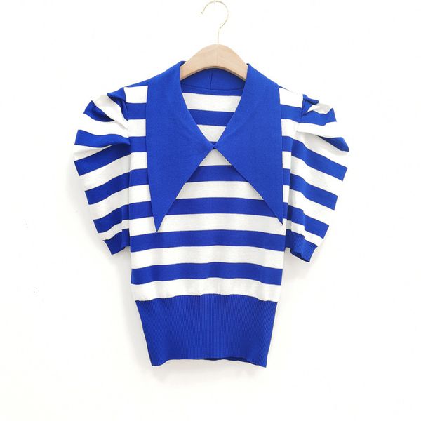

sweater knit spring / summer 2021 french bubble sleeve lapel versatile loose short striped women's top, White;black
