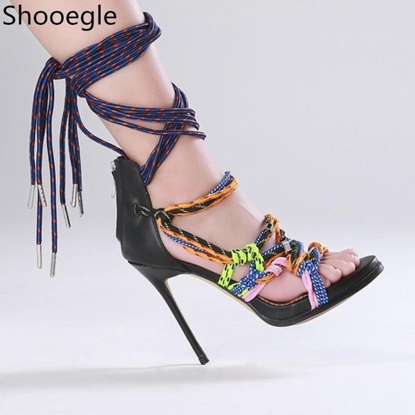 

women gladiator sandals peep toe colored rope lace up cut-outs thin high heels ankle strappy summer shoes woman, Black