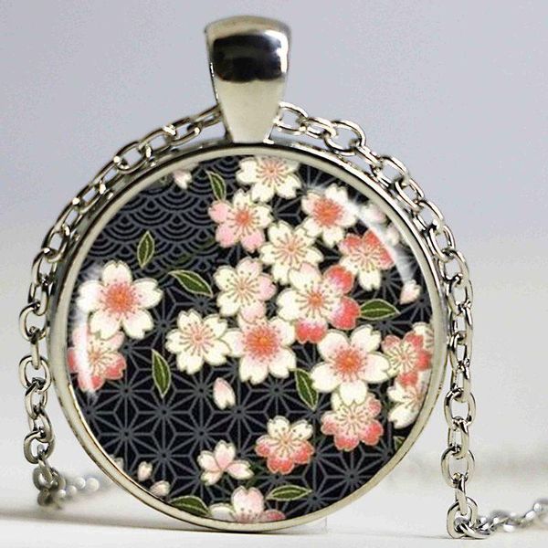

japanese flower necklace, art pendant, blossoms art, yuzen style charm, round silver color, resin pendant necklaces